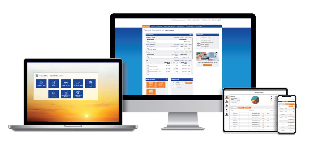 Shows the screen of a laptop, desktop, tablet and phone with Our App Displayed.