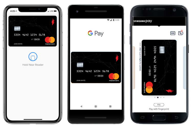 Three phones showing Apple Pay, Samsung Pay, and Google Pay.